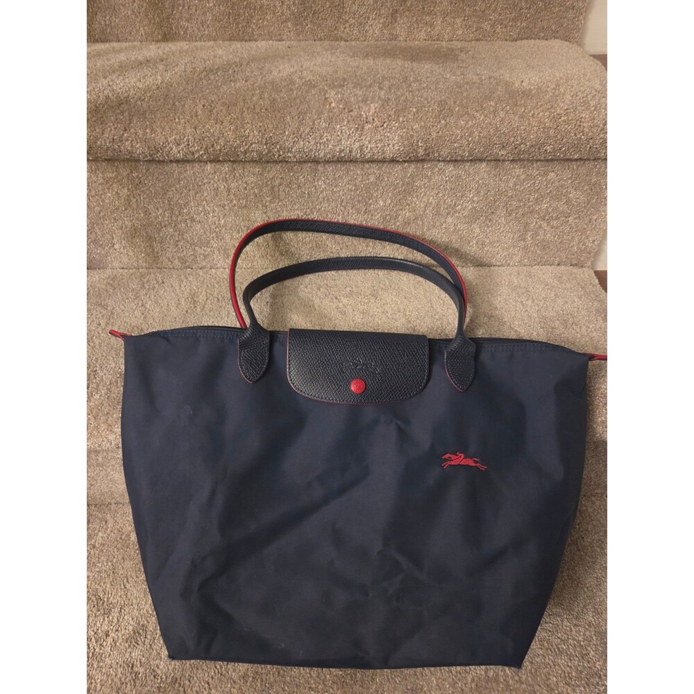 Longchamp Le Pliage Tote Bag Navy Blue with Red Trim Size Large